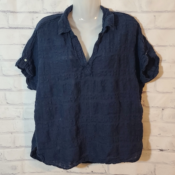 Rachel Roy Linen Blend Navy Short Sleeve Blouse - Picture 1 of 7